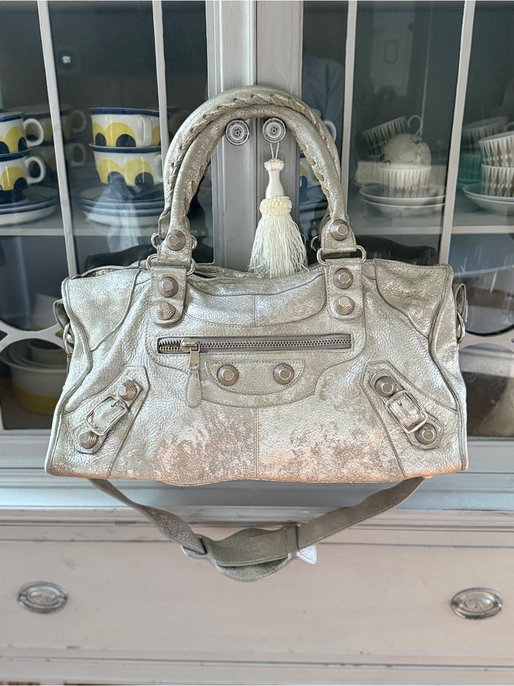 Metallic Silver Leather Satchel Handbag